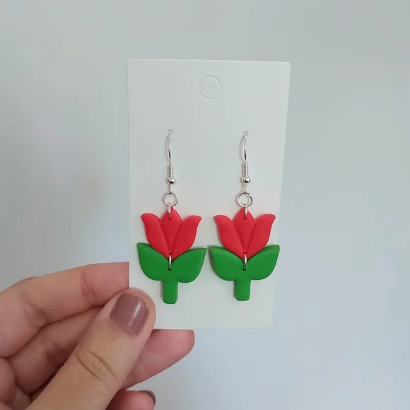 Red Tulip Flower Earrings - Picture 2 of 3
